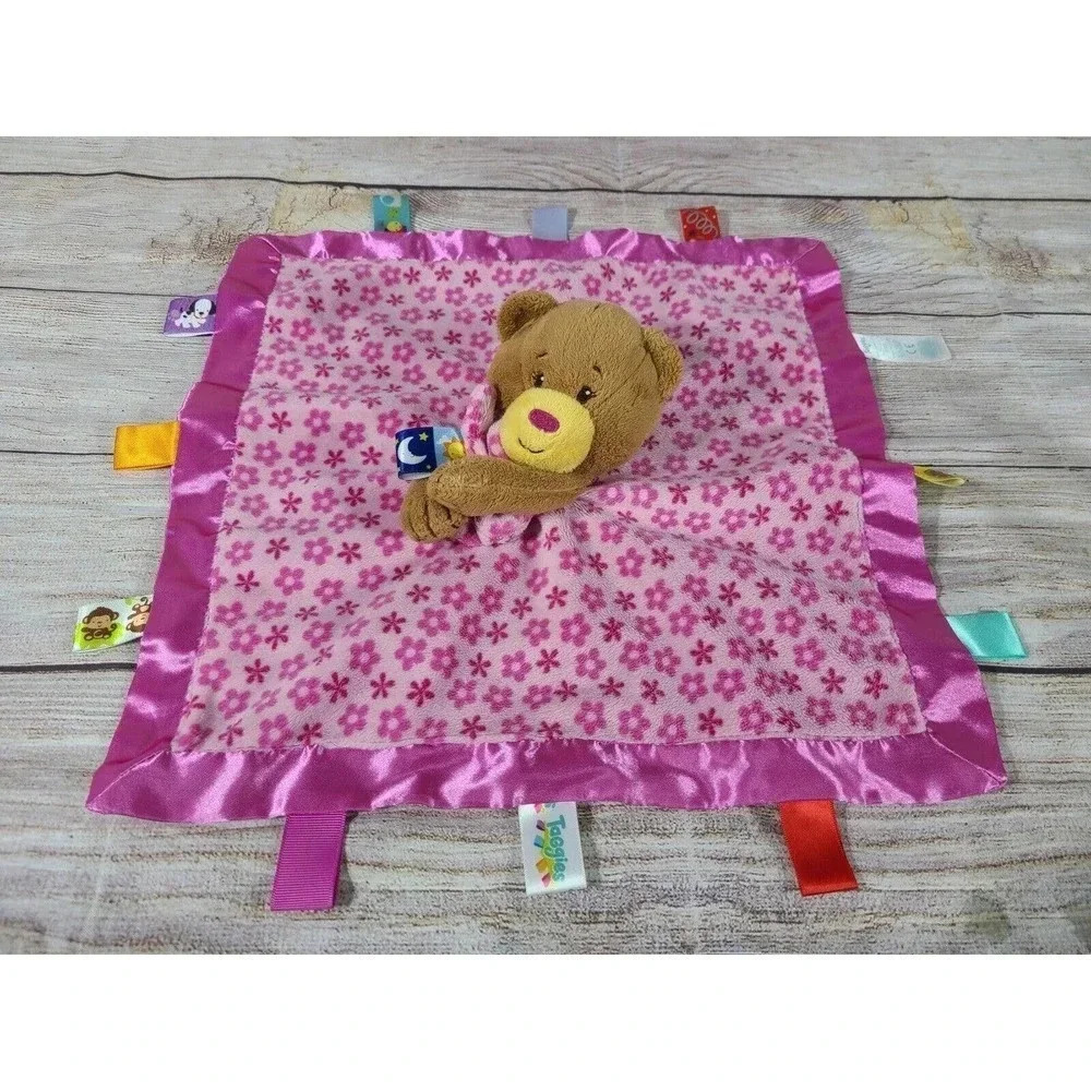 Taggies Plush Brown Teddy Bear Lovey Security Blanket Pink Satin Trim 14"